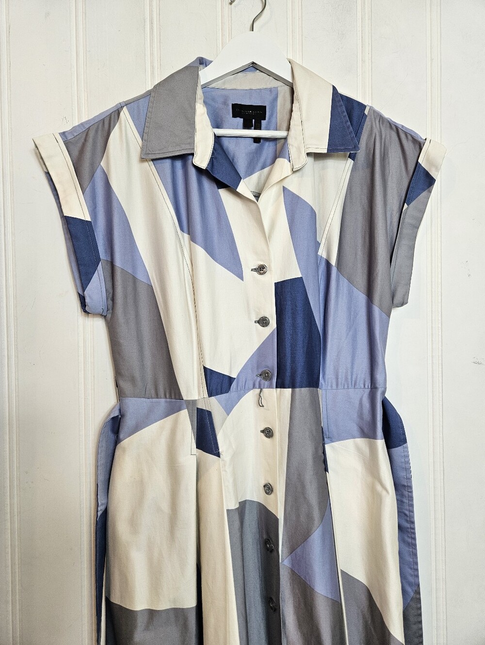 Donna Karan Midi Shirt Dress 12 Pockets Printed Pleated Belted Button Down Blue - Picture 3 of 16